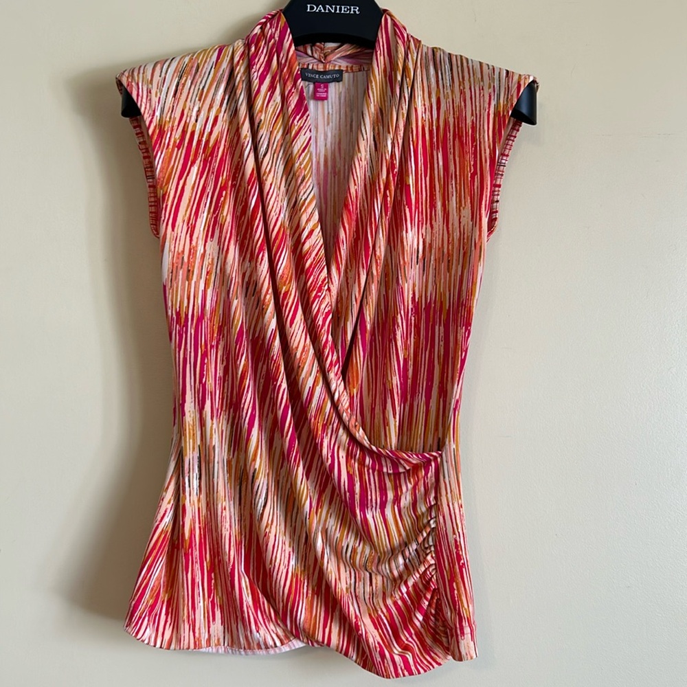 Vince Camuto Womens S Sleeveless Blouse Shirt V Neck Draped Front Surplice Top
